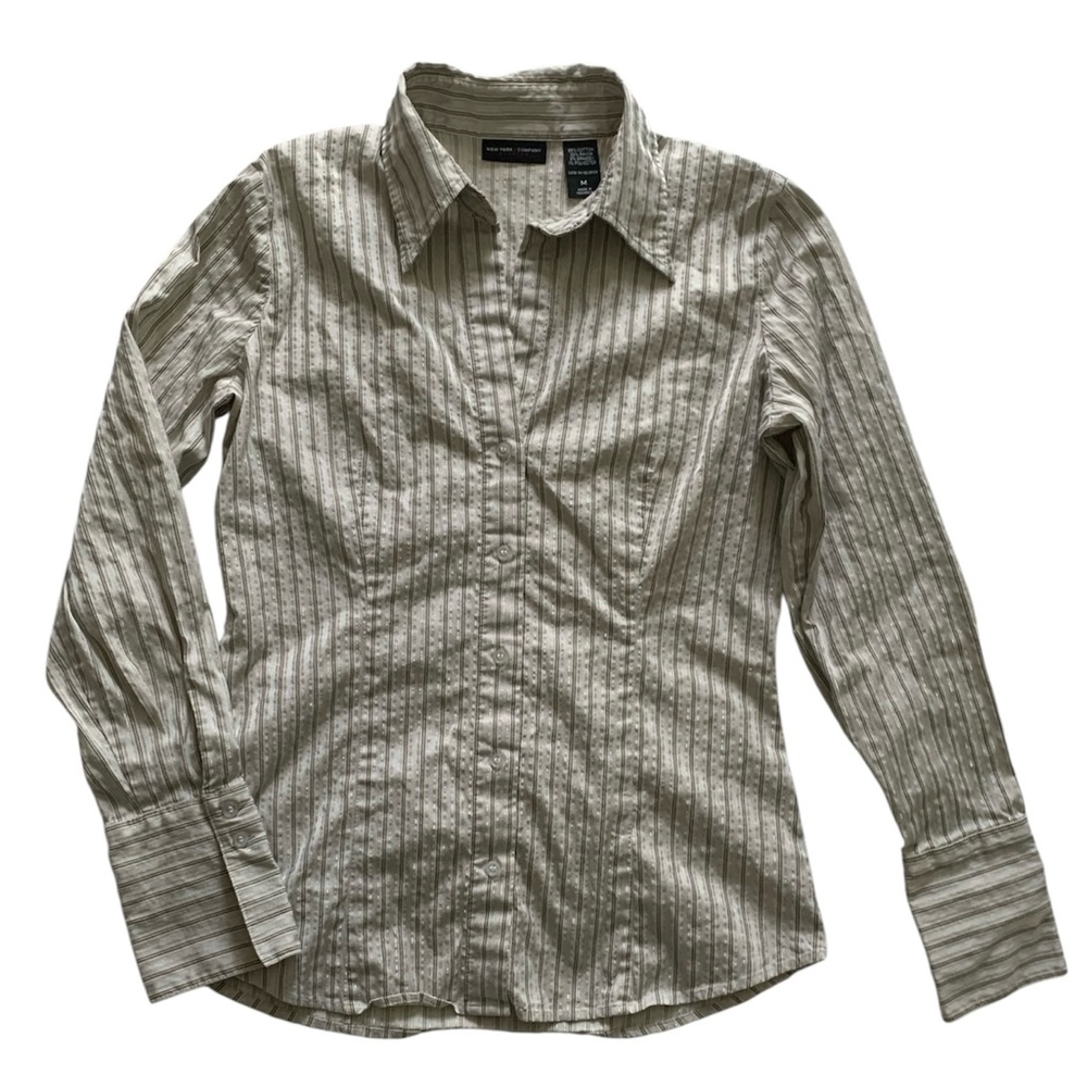 New York & Company Cream Striped Shirt Size Medium